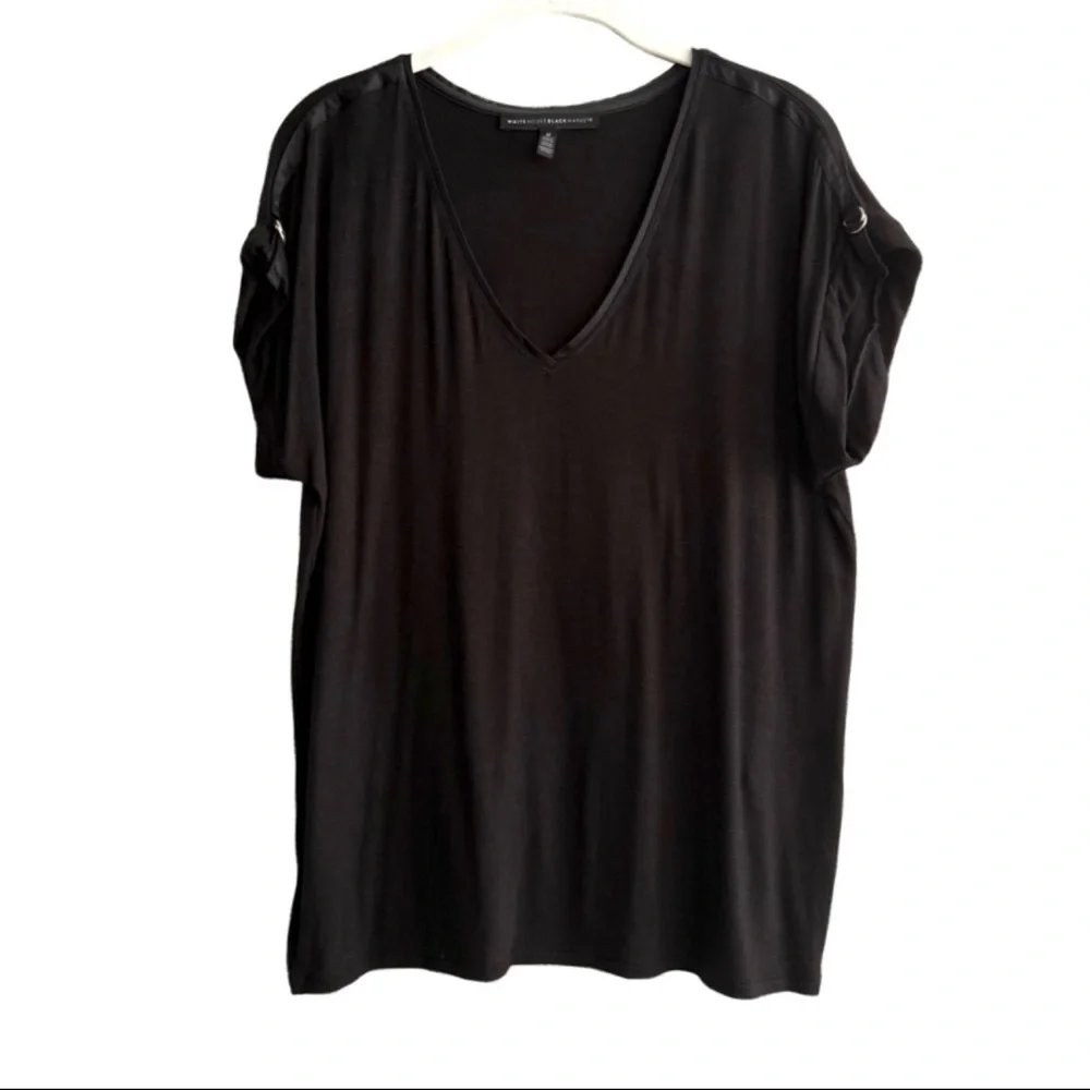 WHBM Short Sleeve Tee V-neck Satin Trim Top Black Size M - Picture 9 of 9